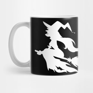 Witch Flying on Broomstick White Silhouette Mug